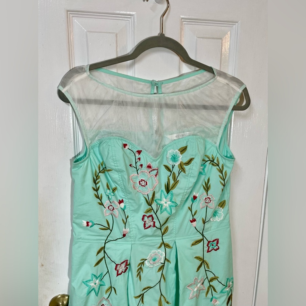 Eshakti Dress Size Large 12 Embroidered Teal Sheer Neckline Floral Lined - Picture 4 of 11